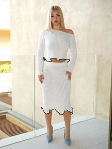 Sweetina Women's Ruffled Shoulder Long Sleeve Sweater And Knitted Pencil Skirt 2 Pieces Set White Two Pieces Skirt Set Ribbed Two Pieces Set In Fall/Winter - White - View 7
