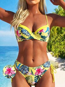 Swim Lushoire Swim Suits For Women Summer Beach Tropical Print V-Neck Spaghetti Strap Bikini Set - Multicolor - View 9