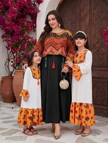 Modelyn 2pcs/Set Casual Printed Tassel Decor Loose Fit Round Neck Long Sleeve Top And Solid Color Round Neck A-Line Regular Dress, Plus Size, Spring/Autumn - Black - View 7
