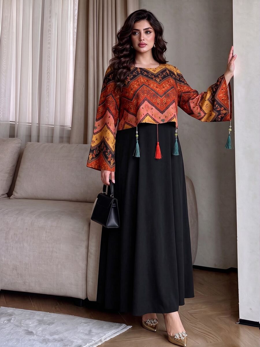 Modelyn 2pcs/Set Casual Printed Tassel Decor Loose Fit Round Neck Long Sleeve Top And Solid Color Round Neck A-Line Regular Dress, Plus Size, Spring/Autumn - Black - View 1