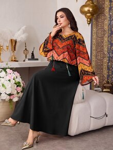 Modelyn 2pcs/Set Casual Printed Tassel Decor Loose Fit Round Neck Long Sleeve Top And Solid Color Round Neck A-Line Regular Dress, Plus Size, Spring/Autumn - Black - View 3