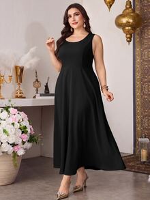 Modelyn 2pcs/Set Casual Printed Tassel Decor Loose Fit Round Neck Long Sleeve Top And Solid Color Round Neck A-Line Regular Dress, Plus Size, Spring/Autumn - Black - View 4