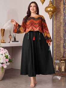 Modelyn 2pcs/Set Casual Printed Tassel Decor Loose Fit Round Neck Long Sleeve Top And Solid Color Round Neck A-Line Regular Dress, Plus Size, Spring/Autumn - Black - View 5