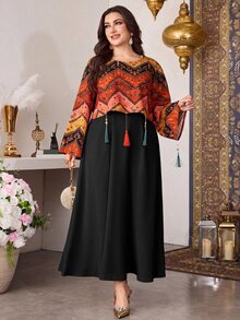Modelyn 2pcs/Set Casual Printed Tassel Decor Loose Fit Round Neck Long Sleeve Top And Solid Color Round Neck A-Line Regular Dress, Plus Size, Spring/Autumn - Black - View 8