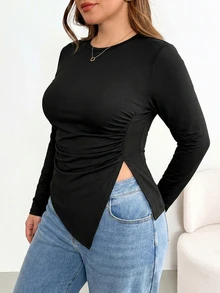 SHEIN Essnce 大尺碼女款黑色長袖T恤，商務休閒與日常風格兼具，彈性舒適，不對稱下擺與抽褶腰部設計，適合職場穿著 - 黑色 - 查看 6
