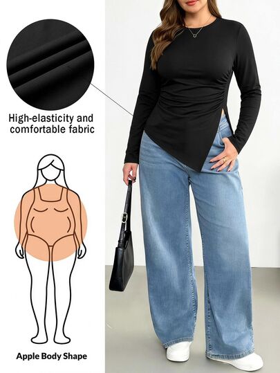 SHEIN Essnce Zwart T-shirt met lange mouwen voor dames in grote maten - Combineert zakelijke casual en alledaagse stijl, elastisch en comfortabel, met asymmetrische zoom en gerimpelde taille, geschikt voor op de werkplek