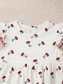 SHEIN 新生女宝宝可爱休闲针织樱桃图案荷叶袖连衣裙，夏季 - 彩色 - 查看 4