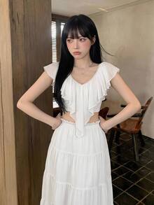 Sweetina Women's Solid Color Ruffle Trim Fashion Versatile Casual Cute Elegant Top Vacation White Summer - White - View 7