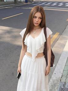 Sweetina Women's Solid Color Ruffle Trim Fashion Versatile Casual Cute Elegant Top Vacation White Summer - White - View 10