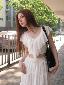 Sweetina Women's Solid Color Ruffle Trim Fashion Versatile Casual Cute Elegant Top Vacation White Summer - White - View 9