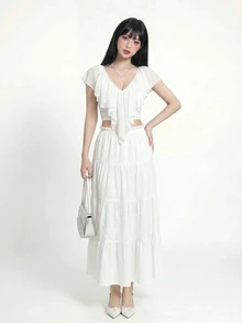 Sweetina Women's Solid Color Ruffle Trim Fashion Versatile Casual Cute Elegant Top Vacation White Summer - White - View 5