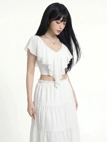 Sweetina Women's Solid Color Ruffle Trim Fashion Versatile Casual Cute Elegant Top Vacation White Summer - White - View 3