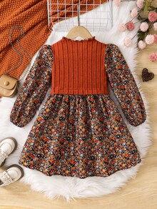 SHEIN 女童 LUNE 花卉印花燈籠袖荷葉邊洋裝，法式花卉仙女風田園風格，秋冬季女童大童服飾 - 黑色 - 查看 6