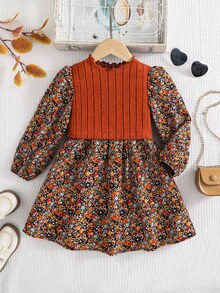 SHEIN 女童 LUNE 花卉印花燈籠袖荷葉邊洋裝，法式花卉仙女風田園風格，秋冬季女童大童服飾 - 黑色 - 查看 7