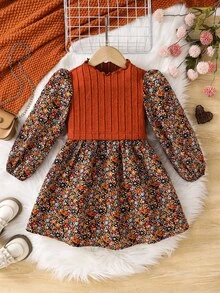 SHEIN 女童 LUNE 花卉印花燈籠袖荷葉邊洋裝，法式花卉仙女風田園風格，秋冬季女童大童服飾 - 黑色 - 查看 5