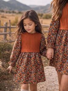 SHEIN 女童 LUNE 花卉印花燈籠袖荷葉邊洋裝，法式花卉仙女風田園風格，秋冬季女童大童服飾 - 黑色 - 查看 2