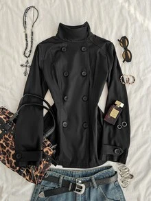 Attitoon Women's Solid Color Fashion Versatile Daily Casual Trench Coat Jacket - Black - View 4