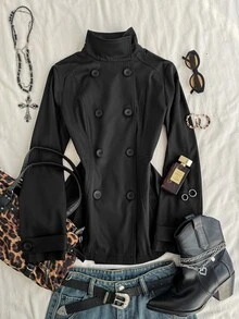 Attitoon Women's Solid Color Fashion Versatile Daily Casual Trench Coat Jacket - Black - View 5