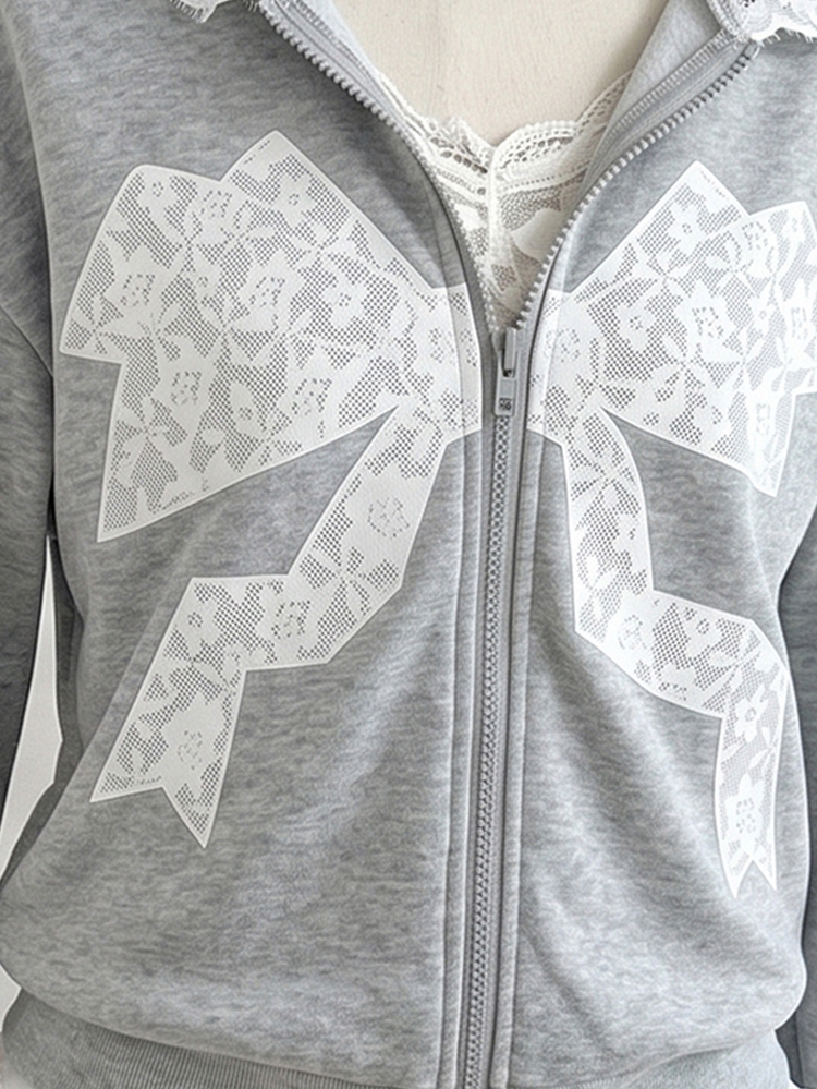 Teen Girls Grey Floral Bow Lace Patchwork Fleece Zip-Up Sweatshirt, Contrast Lace Bow Decor, Sweet And Comfortable, Autumn/Winter - Grey - View 7