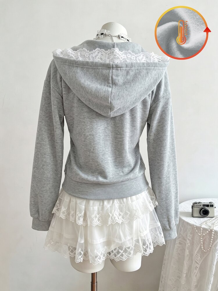 Teen Girls Grey Floral Bow Lace Patchwork Fleece Zip-Up Sweatshirt, Contrast Lace Bow Decor, Sweet And Comfortable, Autumn/Winter - Grey - View 6
