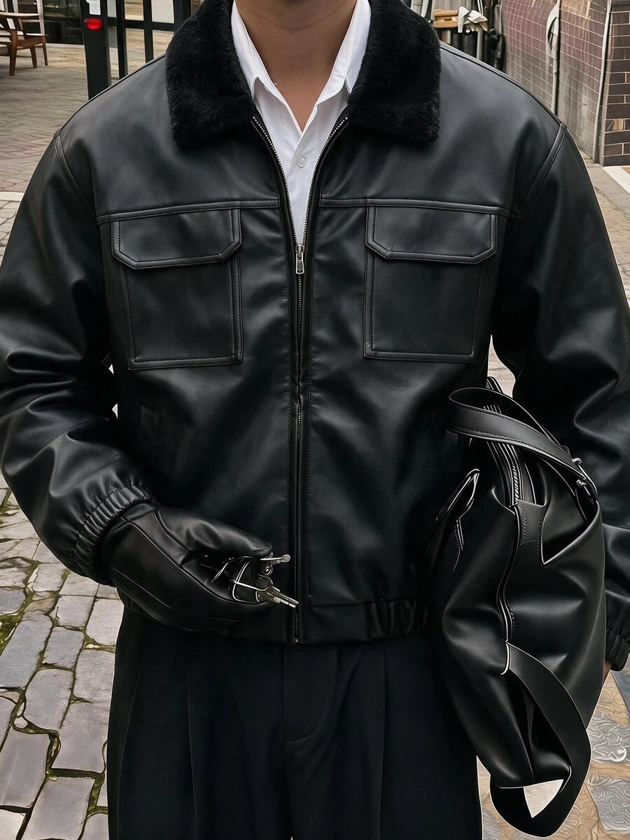 AXEPEAK 男士素色拉鍊休閒百搭日常旅行夾克 - 黑色 - 查看 1