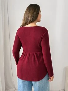 Shapeblank Plus Size Women Solid Color V-Neck Long Sleeve Button Design Casual Daily Going Out T-Shirt For Women Fall/Winter Casual Office Work T-Shirt Women - Red - View 2