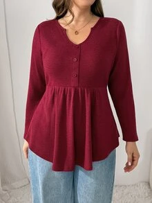 Shapeblank Plus Size Women Solid Color V-Neck Long Sleeve Button Design Casual Daily Going Out T-Shirt For Women Fall/Winter Casual Office Work T-Shirt Women - Red - View 5