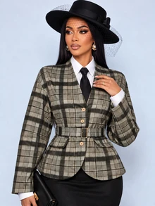 SOLERSUN Women's Autumn/Winter Daily Commute Office Grey Plaid Plaid Fabric V-Neck Button Pocket Flap Long Sleeve Jacket Dark Academia Elegant - Brown - View 9