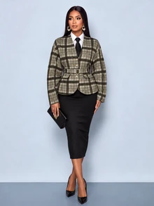 SOLERSUN Women's Autumn/Winter Daily Commute Office Grey Plaid Plaid Fabric V-Neck Button Pocket Flap Long Sleeve Jacket Dark Academia Elegant - Brown - View 5