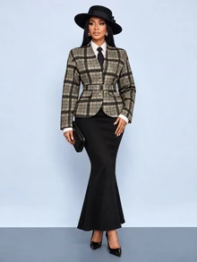 SOLERSUN Women's Autumn/Winter Daily Commute Office Grey Plaid Plaid Fabric V-Neck Button Pocket Flap Long Sleeve Jacket Dark Academia Elegant - Brown - View 2