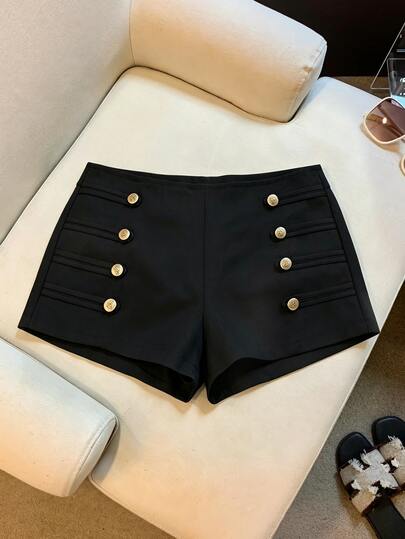 SHEIN Franclia Black Gold Double-Row Button Side Suit Shorts, High-Waist A-Line Buckle Casual French Elegant Luxury Slimming Wide-Leg Hot Pants Going Out Summer