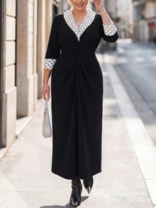 Chikora Plus Size Women's Polka Dot Patchwork Casual Party Dress Fall - Black - View 5