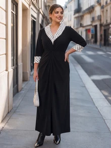 Chikora Plus Size Women's Polka Dot Patchwork Casual Party Dress Fall - Black - View 6