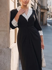 Chikora Plus Size Women's Polka Dot Patchwork Casual Party Dress Fall - Black - View 3