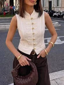 Muvela Women's Fashion Elegant Frog Button Vest Jacket,Chinese Style , Chinese Button,Elegant - Apricot - View 6