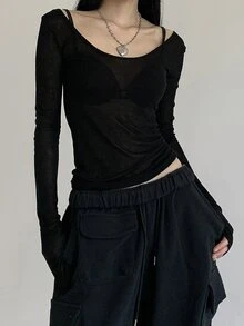 DAZY Women's Solid Color Long Sleeve T-Shirt Summer Sheer,Fall Women Clothes Going Out Tops Women - Black - View 4