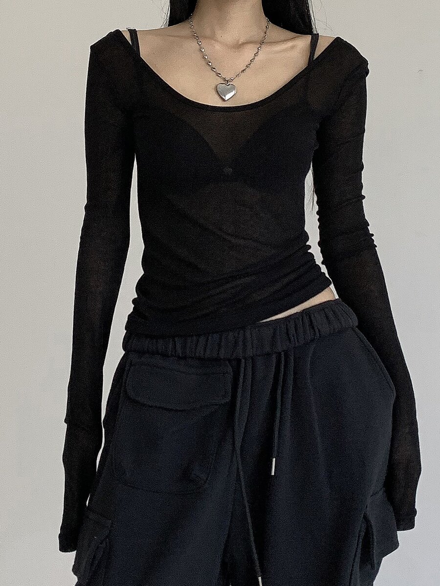 DAZY Women's Solid Color Long Sleeve T-Shirt Summer Sheer,Fall Women Clothes Going Out Tops Women - Black - View 1