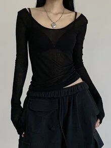 DAZY Women's Solid Color Long Sleeve T-Shirt Summer Sheer,Fall Women Clothes Going Out Tops Women - Black - View 2