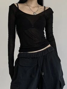 DAZY Women's Solid Color Long Sleeve T-Shirt Summer Sheer,Fall Women Clothes Going Out Tops Women - Black - View 5