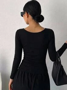 DAZY Women's Solid Color Long Sleeve T-Shirt Summer Sheer,Fall Women Clothes Going Out Tops Women - Black - View 6