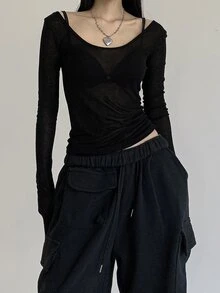 DAZY Women's Solid Color Long Sleeve T-Shirt Summer Sheer,Fall Women Clothes Going Out Tops Women - Black - View 3