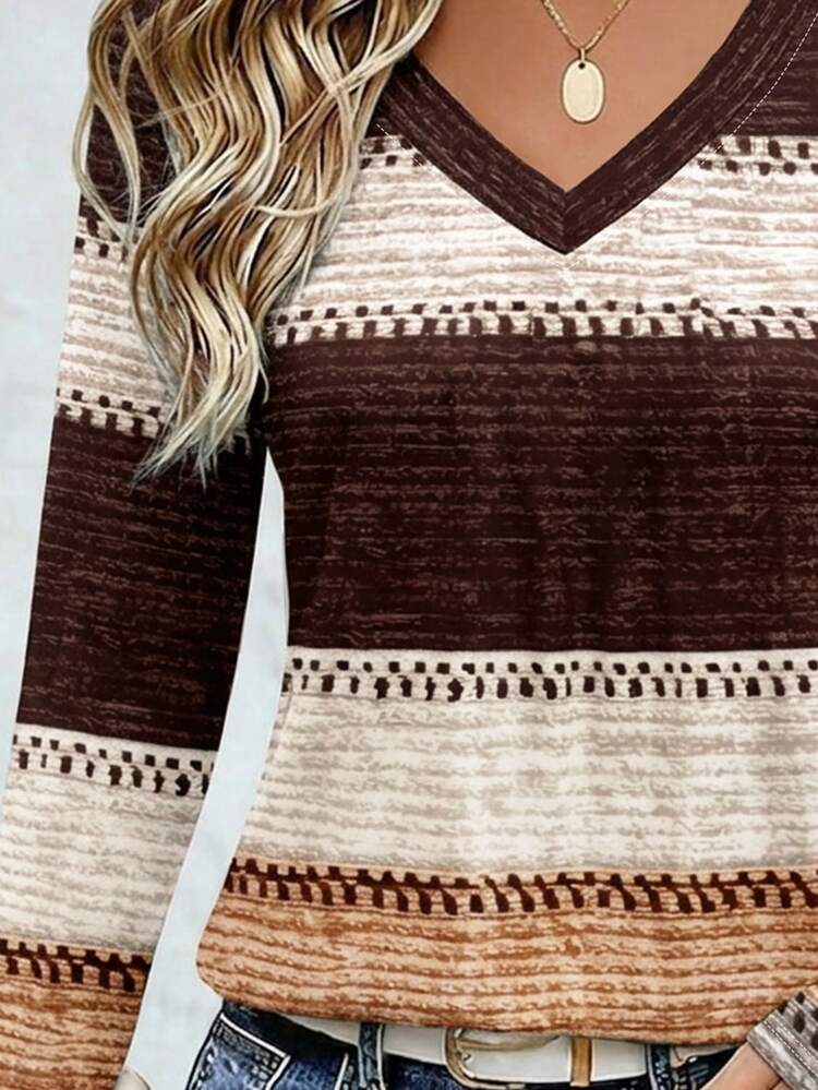 SHEIN LUNE Women's V-Neck T-Shirt, Autumn Outdoor Top, Women's Contrast Color Striped Print Long Sleeve T-Shirt, Casual Versatile, Daily Wear, Commute Style, Travel & Shopping, Comfortable Fabric - Multicolor - View 3