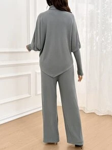 SHEIN Maternity Solid Color High Neck Asymmetric Hem Top And Adjustable Waist Long Pants Casual Baggy Elegante 2 Pieces Set Autumn Photoshoot Formal Grey - Grey - View 6