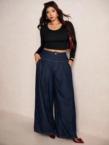 Elaquor Plus Size Women's Pleated Casual Versatile Everyday Denim Jeans Fall Clothes - Dark Wash - View 6