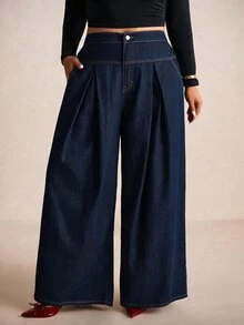 Elaquor Plus Size Women's Pleated Casual Versatile Everyday Denim Jeans Fall Clothes - Dark Wash - View 3