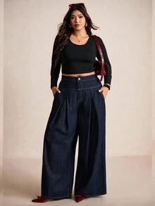 Elaquor Plus Size Women's Pleated Casual Versatile Everyday Denim Jeans Fall Clothes - Dark Wash - View 4