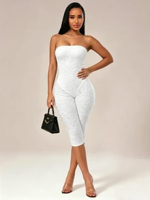 Sirith Women's Jacquard Casual Daily Wear Strapless Jumpsuit - White - View 5