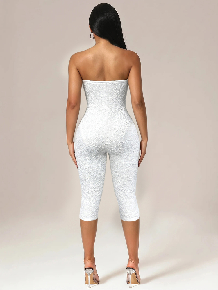 Sirith Jumpsuit Tanpa Tali Motif Jacquard untuk Wanita, Cocok untuk Pakaian Sehari-hari - Putih - View 4