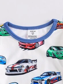 SHEIN 小男孩卡通汽車圖案針織柔軟圓領長袖套頭上衣與彈性腰修身長褲2件套，適合四季、聖誕節、新年、派對、室內穿著 - 杏色 - 查看 3