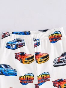 SHEIN 小男孩卡通汽車圖案針織柔軟圓領長袖套頭上衣與彈性腰修身長褲2件套，適合四季、聖誕節、新年、派對、室內穿著 - 杏色 - 查看 5